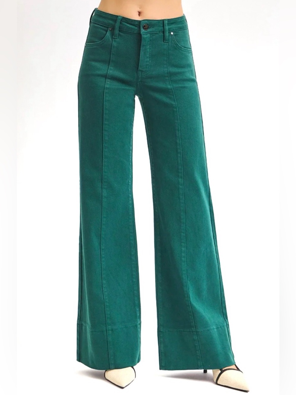 ⁠NWT Risen Size 25 Hunter Green Tummy Control Wide Leg Front Seam Hem Pants